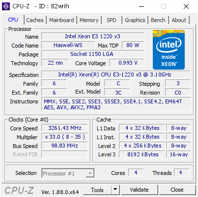 Intel Xeon E3 1220 v3 @ 3261.43 MHz - CPU-Z VALIDATOR