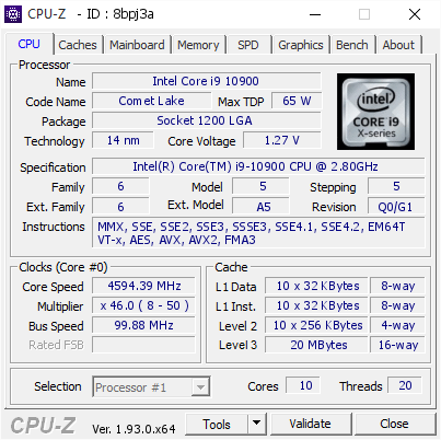 Intel Core i9 10900 @ 4594.39 MHz - CPU-Z VALIDATOR