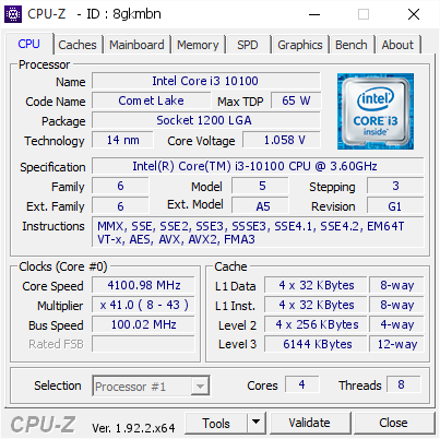 Intel Core i3 10100 @ 4100.98 MHz - CPU-Z VALIDATOR