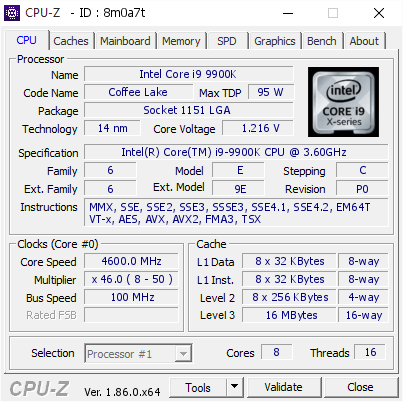 Intel Core I9 9900k 4600 Mhz Cpu Z Validator