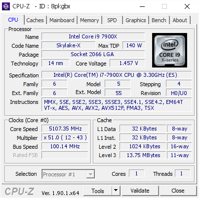 Intel Core I9 7900x 5107 35 Mhz Cpu Z Validator