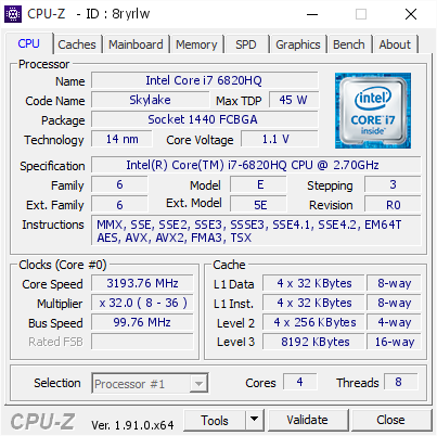 Intel Core I7 6820hq 3193 76 Mhz Cpu Z Validator