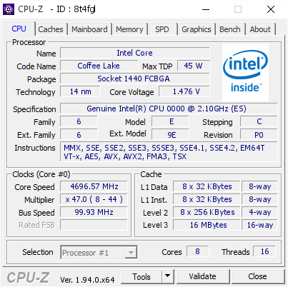 screenshot of CPU-Z validation for Dump [8t4fgl] - Submitted by  Anonymous  - 2020-10-24 18:54:38