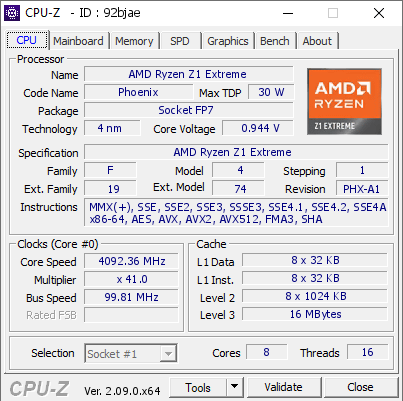 AMD Ryzen Z1 Extreme @ 4092.36 MHz - CPU-Z VALIDATOR