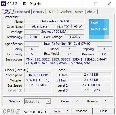 screenshot of CPU-Z validation for Dump [94gr4n] - Submitted by  Joe90br  - 2022-04-23 17:09:44