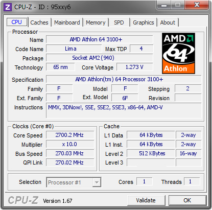 AMD Athlon 64 3100 2700.2 MHz CPU Z VALIDATOR