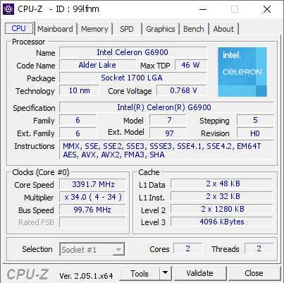 Intel Celeron G6900 @ 3391.7 MHz - CPU-Z VALIDATOR