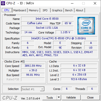 Intel Core i5 8500 @ 3892.59 MHz - CPU-Z VALIDATOR