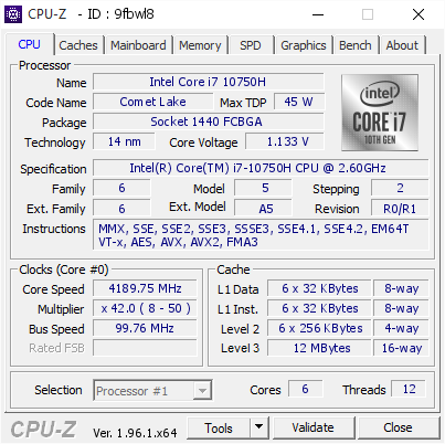 Intel Core I7 10750h 4189 75 Mhz Cpu Z Validator