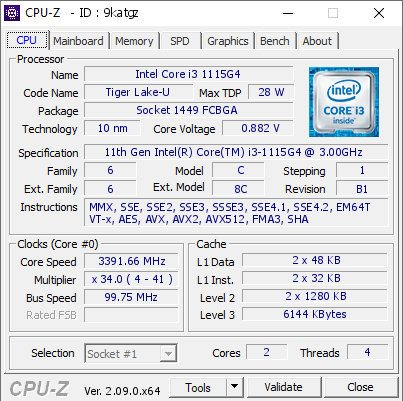 Intel Core i3 1115G4 @ 3391.66 MHz - CPU-Z VALIDATOR