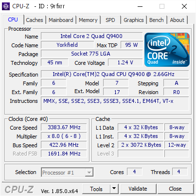 Intel Core 2 Quad Q9400 @ 3383.67 MHz - CPU-Z VALIDATOR
