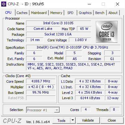 i3-10105 CPU (ジャンク扱い) Intel Core i3 10105 @ 4188.7 MHz - CPU-Z VALIDATOR