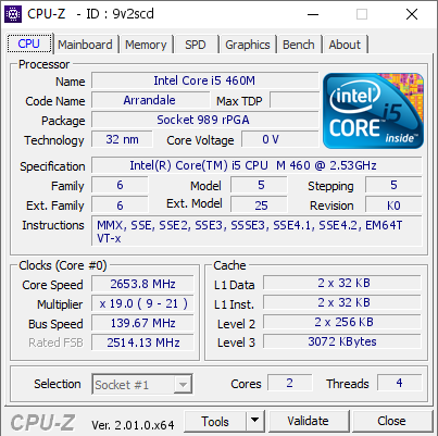 screenshot of CPU-Z validation for Dump [9v2scd] - Submitted by  Asus K52J  - 2022-06-08 17:09:18