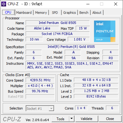 screenshot of CPU-Z validation for Dump [9xfapt] - Submitted by  Anonymous  - 2024-04-28 19:59:17