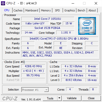 Intel Core i7 10510U @ 4288.43 MHz - CPU-Z VALIDATOR