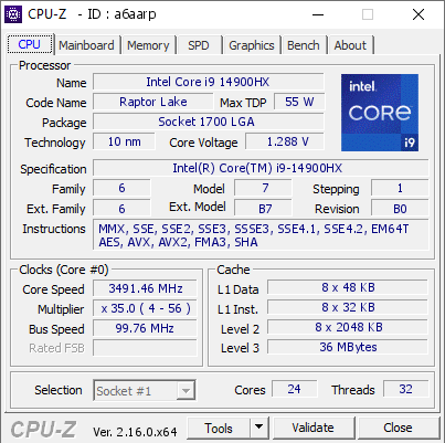 screenshot of CPU-Z validation for Dump [a6aarp] - Submitted by  MSI  - 2025-08-13 06:42:13
