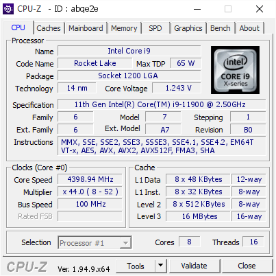 screenshot of CPU-Z validation for Dump [abqe2e] - Submitted by  Anonymous  - 2021-07-31 22:29:48