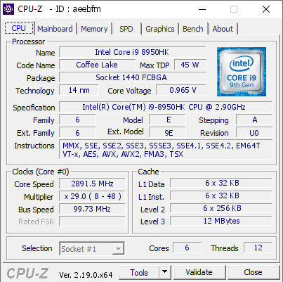 screenshot of CPU-Z validation for Dump [aeebfm] - Submitted by  DESKTOP-6G4V0S8  - 2026-05-05 11:56:47