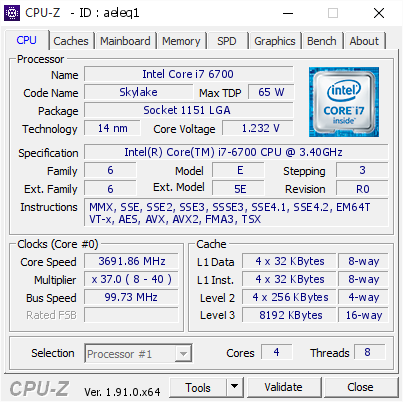 Intel Core i7 6700 @ 3691.86 MHz - CPU-Z VALIDATOR