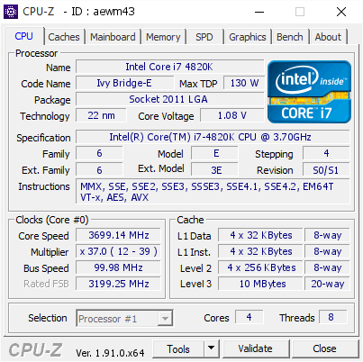 Intel Core I7 4820k 3699 14 Mhz Cpu Z Validator