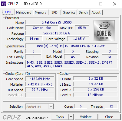 Intel Core i5 10500 @ 4187.69 MHz - CPU-Z VALIDATOR