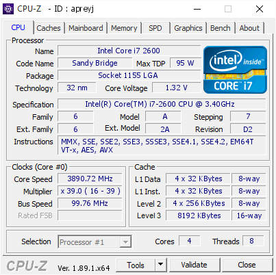 Intel Core i7 2600 @ 3890.72 MHz - CPU-Z VALIDATOR