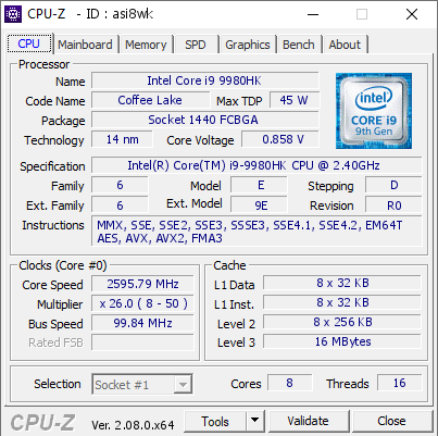 screenshot of CPU-Z validation for Dump [asi8wk] - Submitted by  MACFER  - 2023-11-03 06:23:37
