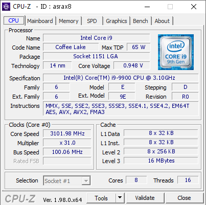 screenshot of CPU-Z validation for Dump [asrax8] - Submitted by  DESKTOP-GTG87U0  - 2021-12-26 20:09:24