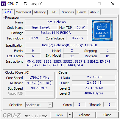 screenshot of CPU-Z validation for Dump [avvp40] - Submitted by  Anonymous  - 2024-12-05 00:29:53