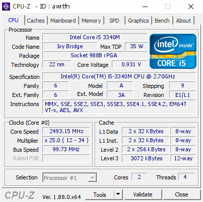 Intel Core i5 3340M @ 2493.15 MHz - CPU-Z VALIDATOR