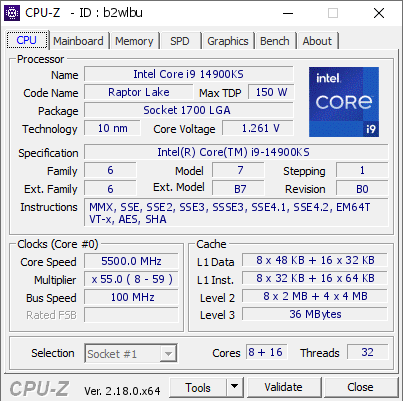 screenshot of CPU-Z validation for Dump [b2wlbu] - Submitted by  Razer  - 2026-03-29 15:57:10