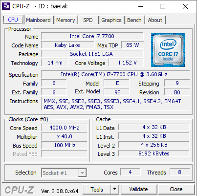 Intel Core i7 7700 @ 4000 MHz - CPU-Z VALIDATOR