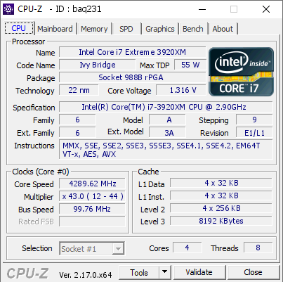 screenshot of CPU-Z validation for Dump [baq231] - Submitted by  M17XR4  - 2026-06-18 14:27:46