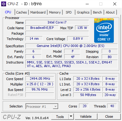 screenshot of CPU-Z validation for Dump [bfjhhb] - Submitted by  ASROCKX99MKILLE  - 2020-10-20 01:49:03