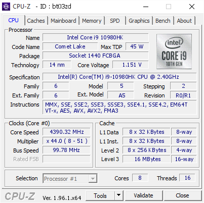 screenshot of CPU-Z validation for Dump [bt03zd] - Submitted by  Anonymous  - 2021-06-07 20:13:45