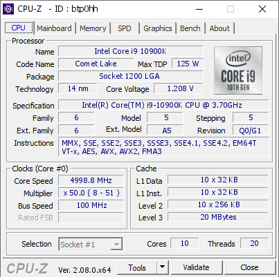 Intel Core i9 10900K @ 4998.8 MHz - CPU-Z VALIDATOR