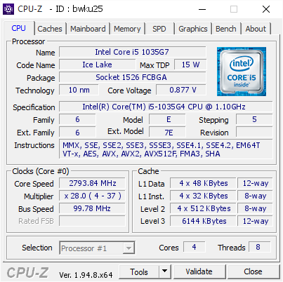 screenshot of CPU-Z validation for Dump [bwku25] - Submitted by  chelseadoll  - 2020-12-17 07:51:46