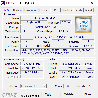 Intel Xeon Gold 6154 @ 3703.44 MHz - CPU-Z VALIDATOR