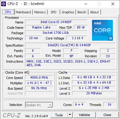 screenshot of CPU-Z validation for Dump [bzw6m0] - Submitted by  Anonymous  - 2026-06-29 22:57:30
