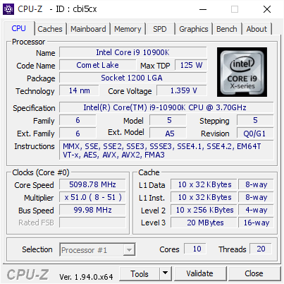 screenshot of CPU-Z validation for Dump [cbi5cx] - Submitted by  b-man  - 2020-10-11 06:32:51