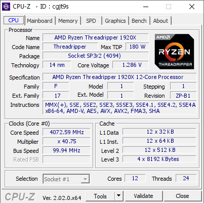 AMD Ryzen Threadripper 1920X 4072.59 MHz CPU Z VALIDATOR