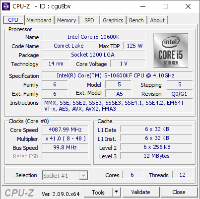 Intel Core i5 10600K @ 4087.99 MHz - CPU-Z VALIDATOR