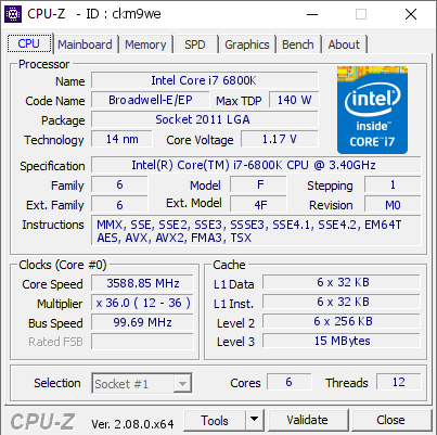 Intel Core i7 6800K @ 3588.85 MHz - CPU-Z VALIDATOR