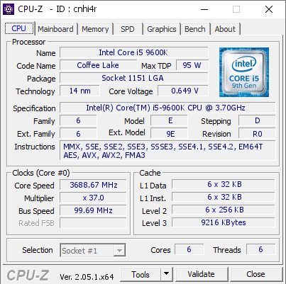 Intel Core i5 9600K @ 3688.67 MHz - CPU-Z VALIDATOR