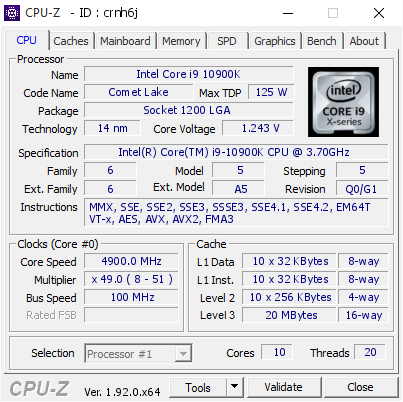 Intel Core i9 10900K @ 4900 MHz - CPU-Z VALIDATOR