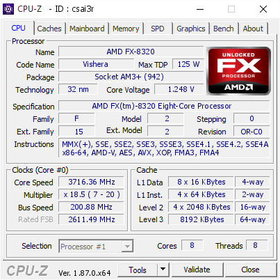 screenshot of CPU-Z validation for Dump [csai3r] - Submitted by  AMD FX-8320  - 2019-01-29 02:36:29