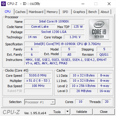 Intel Core i9 10900K @ 5100 MHz - CPU-Z VALIDATOR