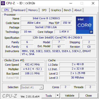 screenshot of CPU-Z validation for Dump [cv3n2e] - Submitted by  Kovan  - 2022-07-13 11:39:32