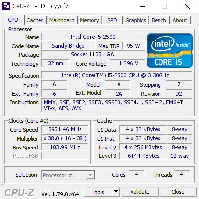 Intel Core i5 2500 @ 3951.46 MHz - CPU-Z VALIDATOR