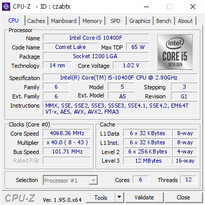 Intel Core i5 10400F @ 4068.36 MHz - CPU-Z VALIDATOR